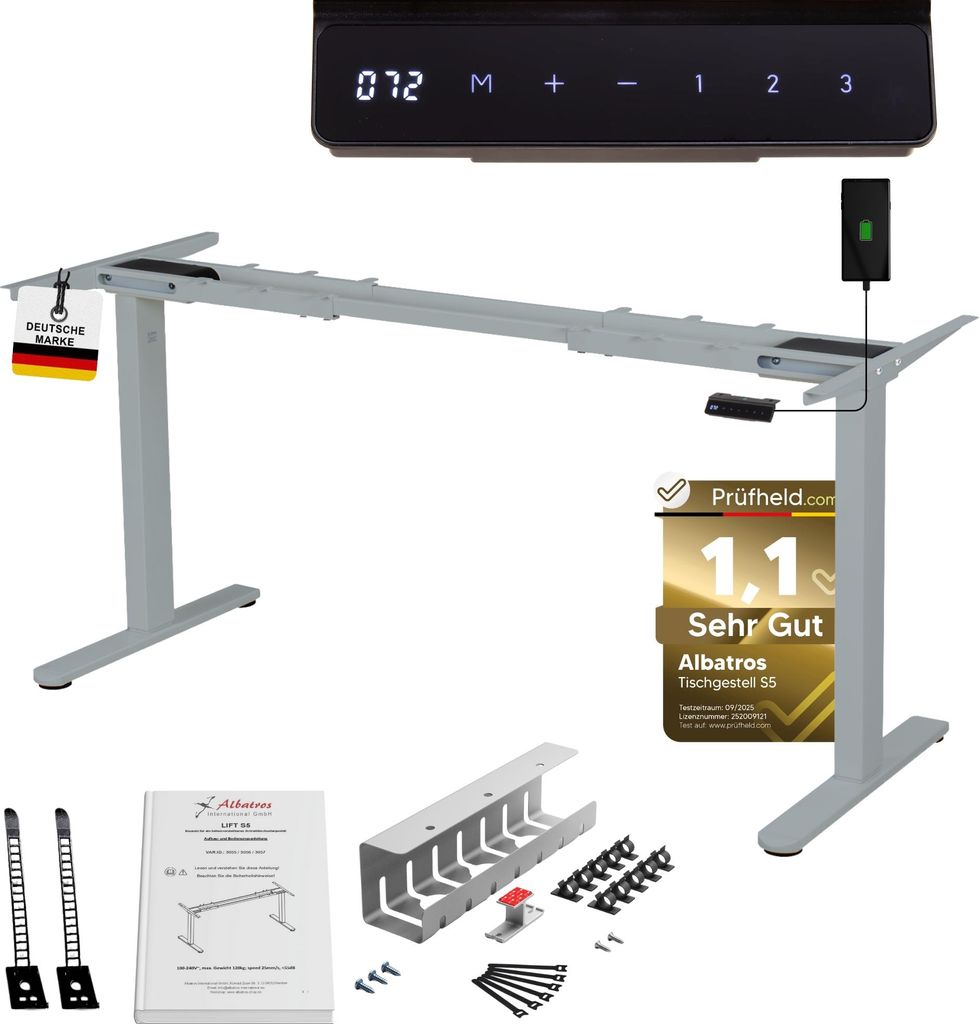 ALBATROS Schreibtisch-Gestell Lift S5S + Kabelkanal, Silber, 2X Motoren, elektrisch höhenverstellbar mit Memory-Funktion, Kollisionsschutz und Sof...