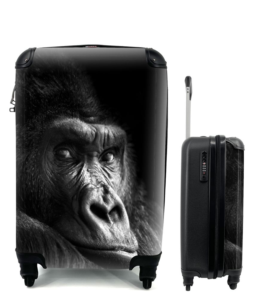 MuchoWow Koffer Handgepäck Trolley Rollkoffer Kleine Reisekoffer mit 4 Rollen - Gorilla - Affe - Schwarz - Weiß - Porträt - Cabin Size < 55x40...