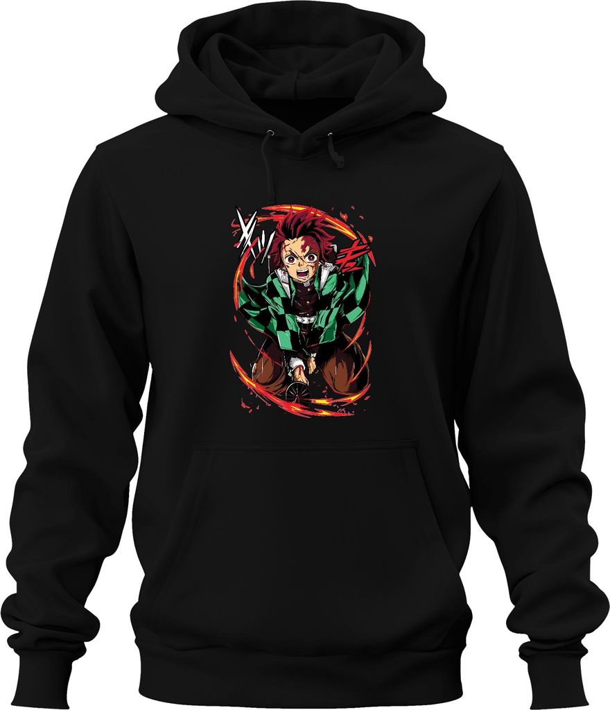 Tanjiro Kamado Dämonenjäger Schwert Flammen Anime Geschenk Uni Hoodie Kapuzenpullover, Schwarz, L