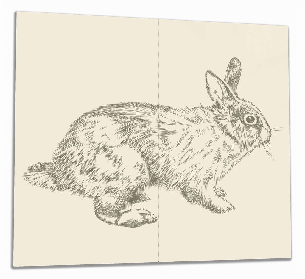 Wallario Herdabdeckplatte aus Glas, Größe 60 x 52 cm 2-teilig, Motiv Hase als illustrierte Bleistiftzeichnung