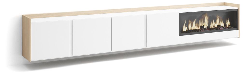 TV-Möbel Holzeffekt weiß und eiche 315x35x50cm Kamin mit Feuereffekt