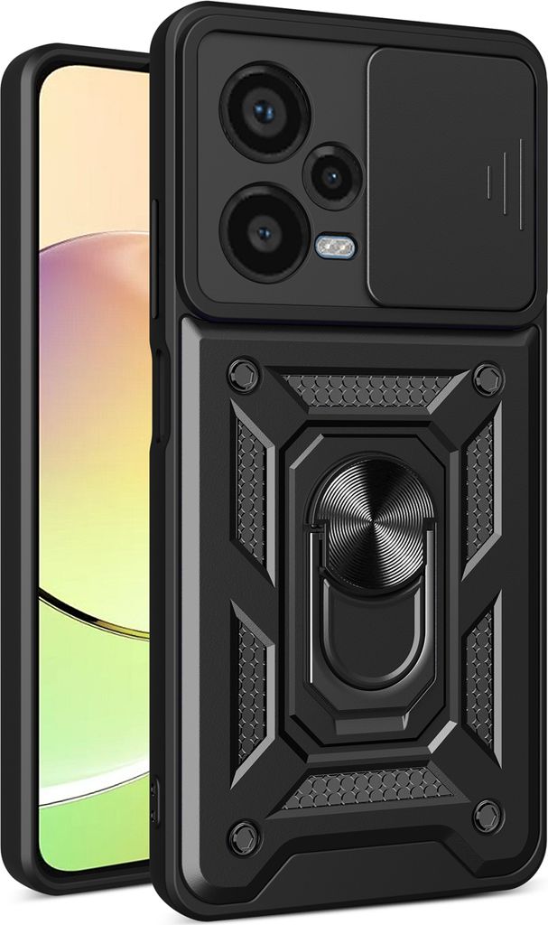 Hülle für Xiaomi Redmi Note 12 Pro+ mit Ring Ständer Halter Dia Kameraschutz TPU PC Hybrid Handyhülle Schwarz