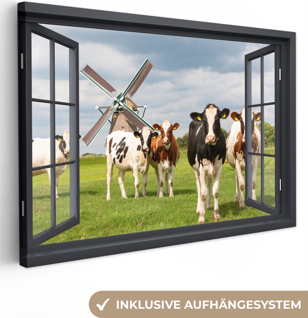 OneMillionCanvasses - Leinwandbilder - 140x90 cm, Aussicht - Kuh - Mühle - Kühe - Wiese - Gras - Grün, Wandbilder Kunstdruck Wanddekoration