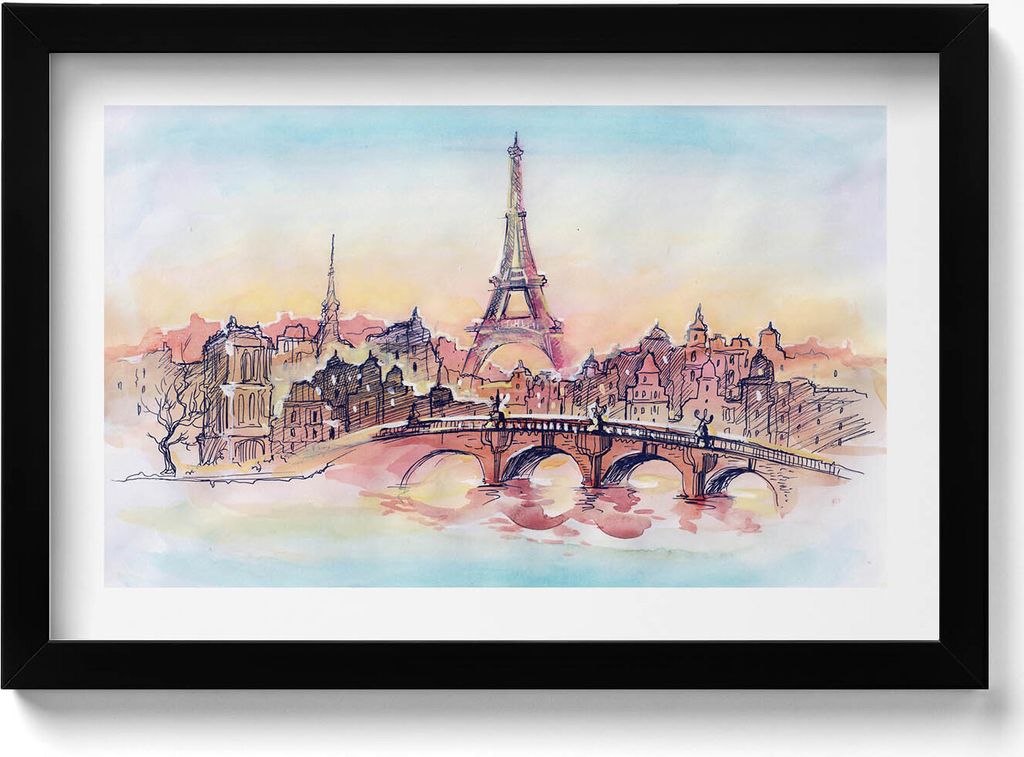 Gemalte Ansicht von Paris– Wandbild mit Rahmen – Gerahmtes Bild – Wanddekoration – 30x20 cm – Schwarz Rahmen