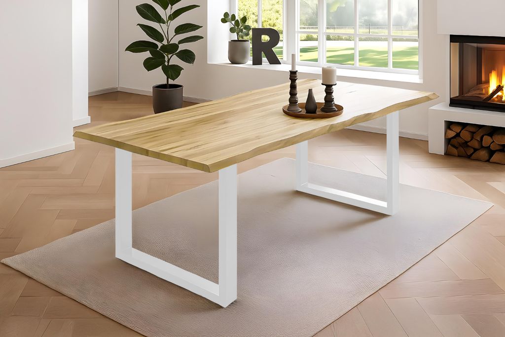 Esstisch Baumkante massiv Akazie eichefarben 220 x 100 weiß NIAH
