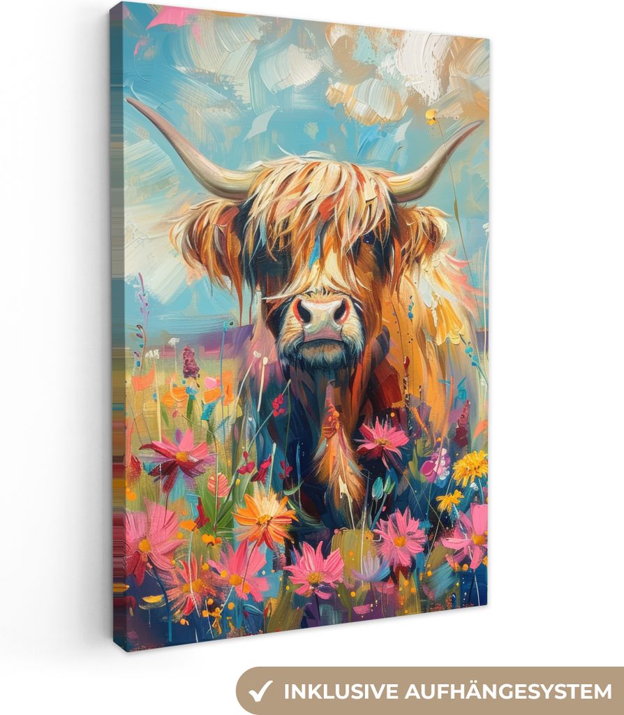 Wanddeko 40x60 cm - Schottisches Hochlandrind - Natur - Farbenfroh - Blumen, Deko Wohnzimmer, Leinwand Bilder