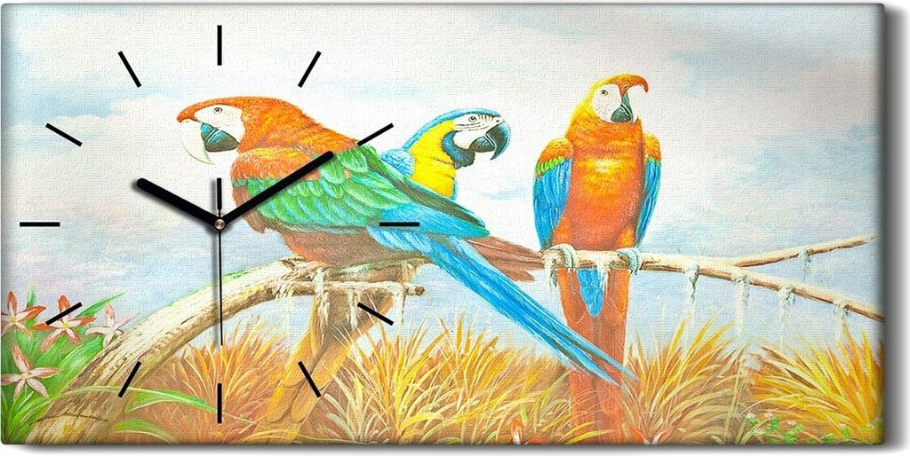 Wohnzimmer-Bild Leinwand Uhr 60x30 Malerei Zweig Tier Vögel Papagei Wolken Kunst - schwarze Hände