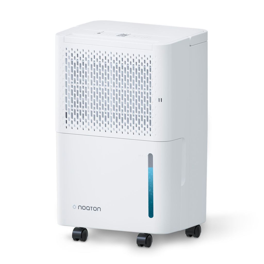 A white dehumidifier with a water level indicator and wheels, shown against a white background.