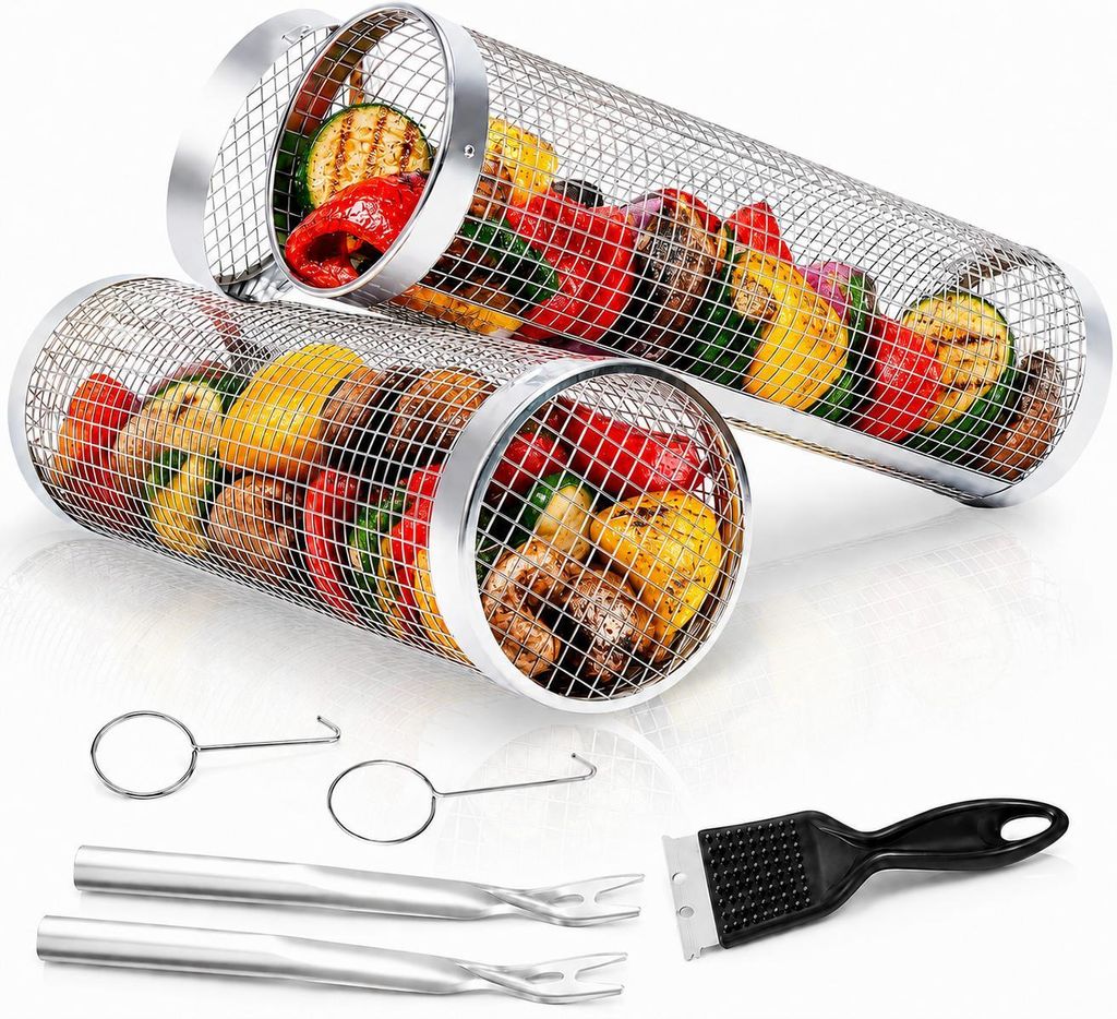 Nestbar Rollender Grillkorb,Abnehmbarer Wärmedämmung Holzgriff,Edelstahl 304,24x10cm,für Gasgrill,Elektro und Holzkohle Grill,für Camping,Gril,...