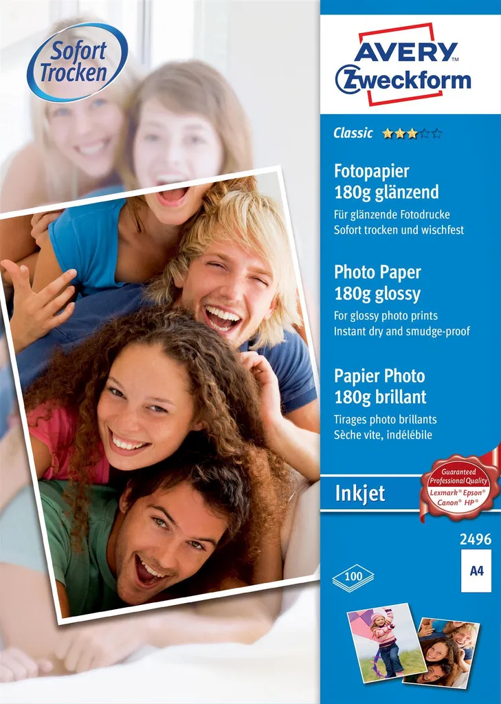 Carta Foto Avery 2496 A4 Glossy 180g 100 Fogli - Qualità Inkjet Garantita