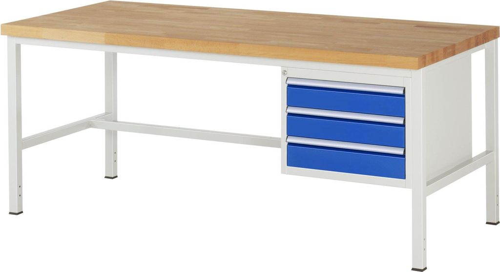 Werkbank mit 3 Schubladen - Teilauszug - 120:3 - höhenverstellbar 840-1.040 mm - 2.000 x 900 mm (BxT) - Traglast 1.250 kg - Buche