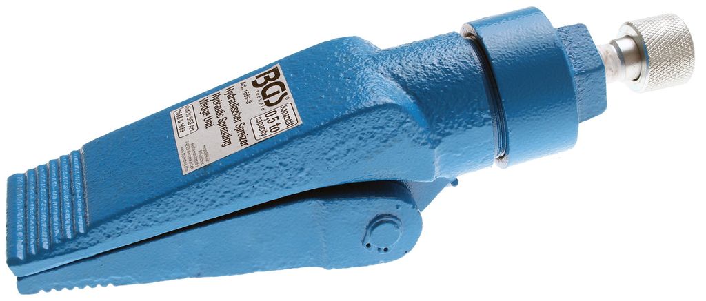 A blue hydraulic spreading tool is shown against a white background.