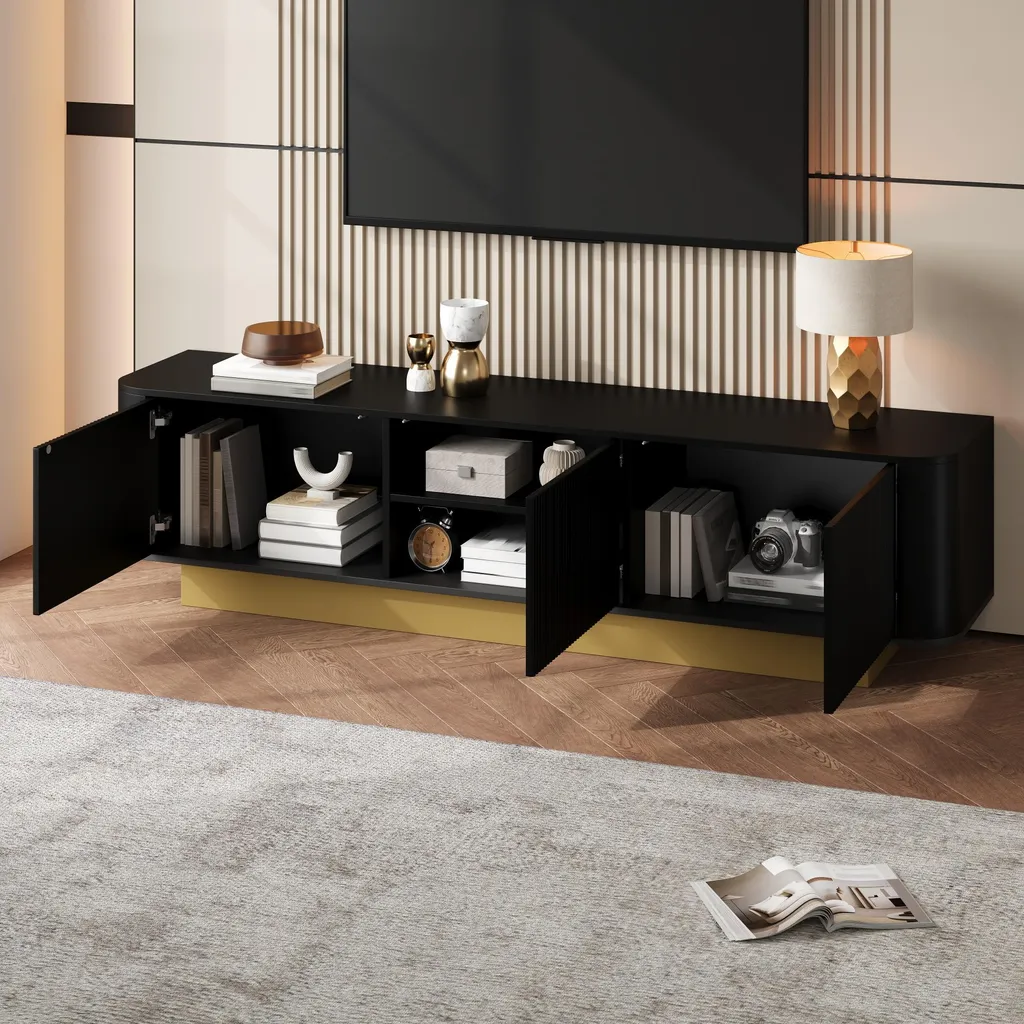 Meuble Téléviseur Noir Moderne avec Rangements Ouverts et Passe-câbles