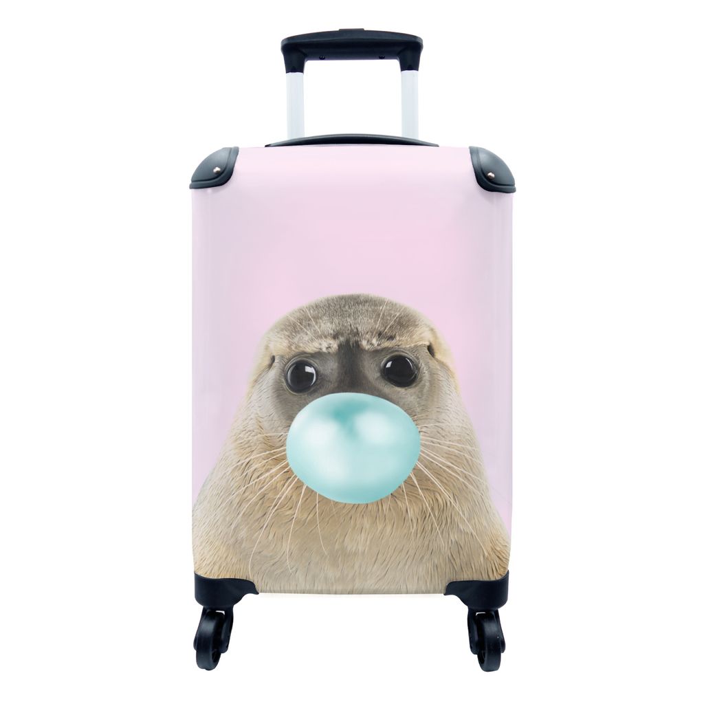 MuchoWow Koffer Handgepäck Trolley Rollkoffer Kleine Reisekoffer mit 4 Rollen - Siegel - Kaugummi - Rosa - Blau - Mädchen - Kinder - Kinder - C...