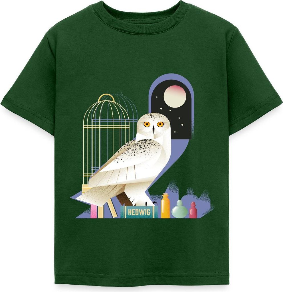 Spreadshirt Harry Potter Eule Hedwig Bei Nacht Kinder T-Shirt, 122/128 (7-8 Jahre), Forstgrün