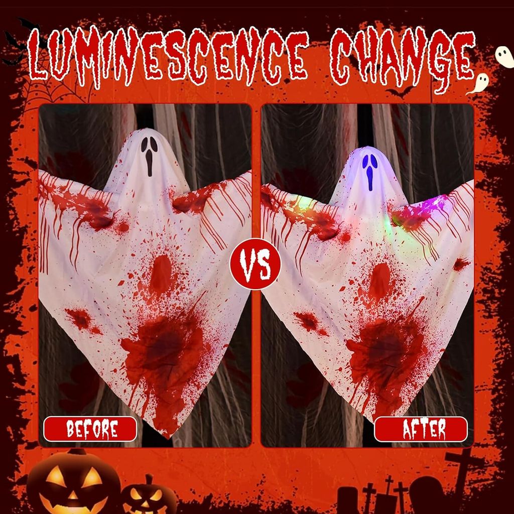 DJLLA Halloween Geister-Lichter - 2 Stück 1,35m LED-Hängegeister Mit Hexenhut Für Drinnen & Draußen, Lila & Gruselig