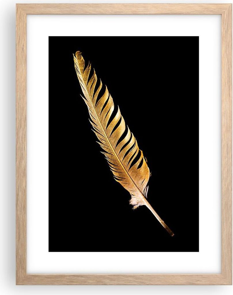 Gerahmtes Poster - Rahmen in heller Eiche - Golden Feder Schwarz - 30x40 cm - Wand Bild - Wanddeko - Wandbilder - Kunstposter - Wandposter - Bilder...