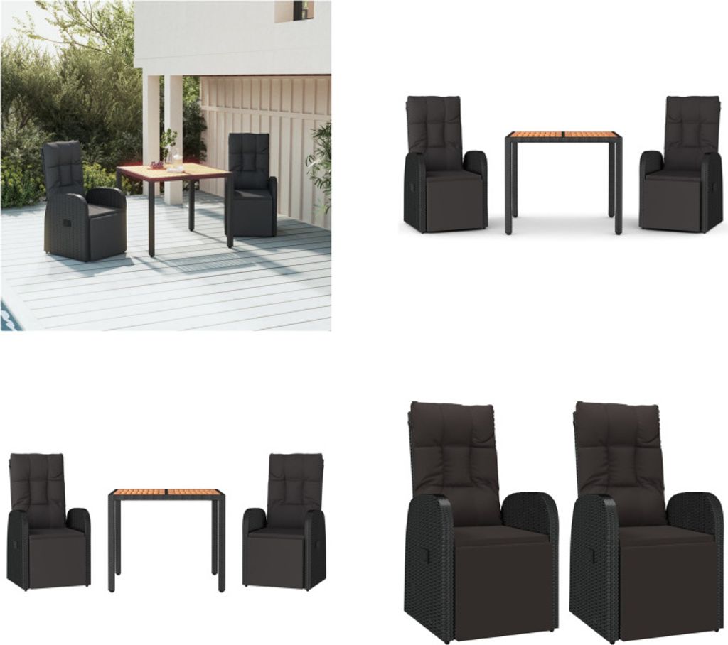 vidaXL 3 tlg. Garten Essgruppe Schwarz Poly Rattan & Massivholz Akazie - Garten Essgruppe - Garten Essgruppen - Essgruppe - Essgruppe Terrasse