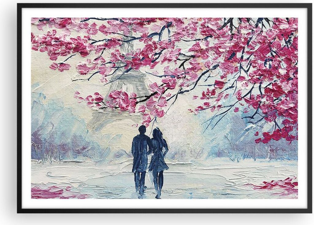 Gerahmtes Poster - Schwarzer Rahmen - Paar Paris Baum - 100x70 cm - Wand Bild - Wanddeko - Wandbilder - Kunstposter - Wandposter - Bilderrahmen - B...