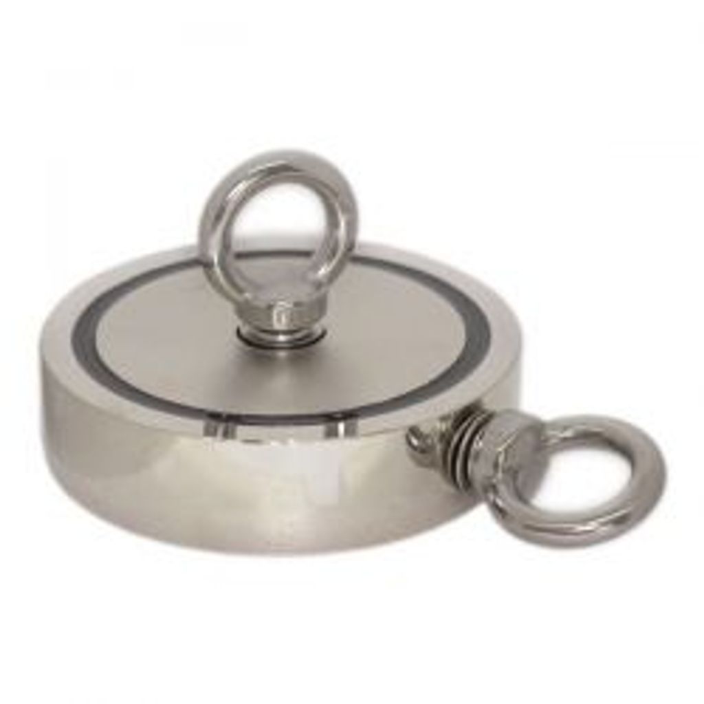 A close-up studio shot of a round, silver magnet with two eyelets, set against a plain white background.