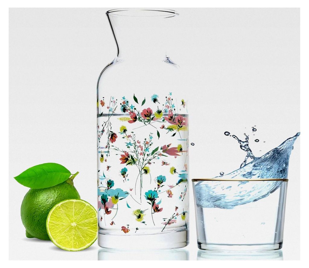 Nachttisch Wasserkaraffe mit Glas 700 ml – Mundwasser Spender Dekanter – Set aus Karaffe und Becher für Outdoor-Essen und Picknicks (Blumenmotiv)