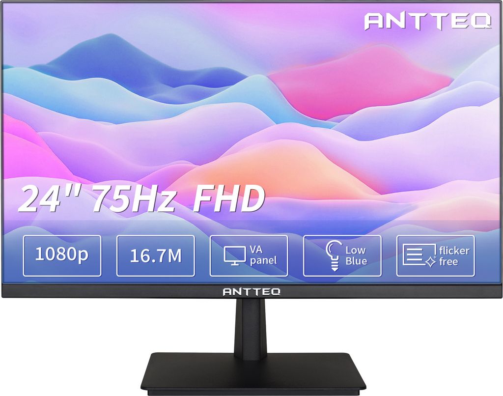 ANTTEQ 24S2 - 24 Zoll Monitor Full HD 1080P, 75Hz mit HDMI VGA Free Flicker Blue Light Filter, Ultra Slim Blenden LED