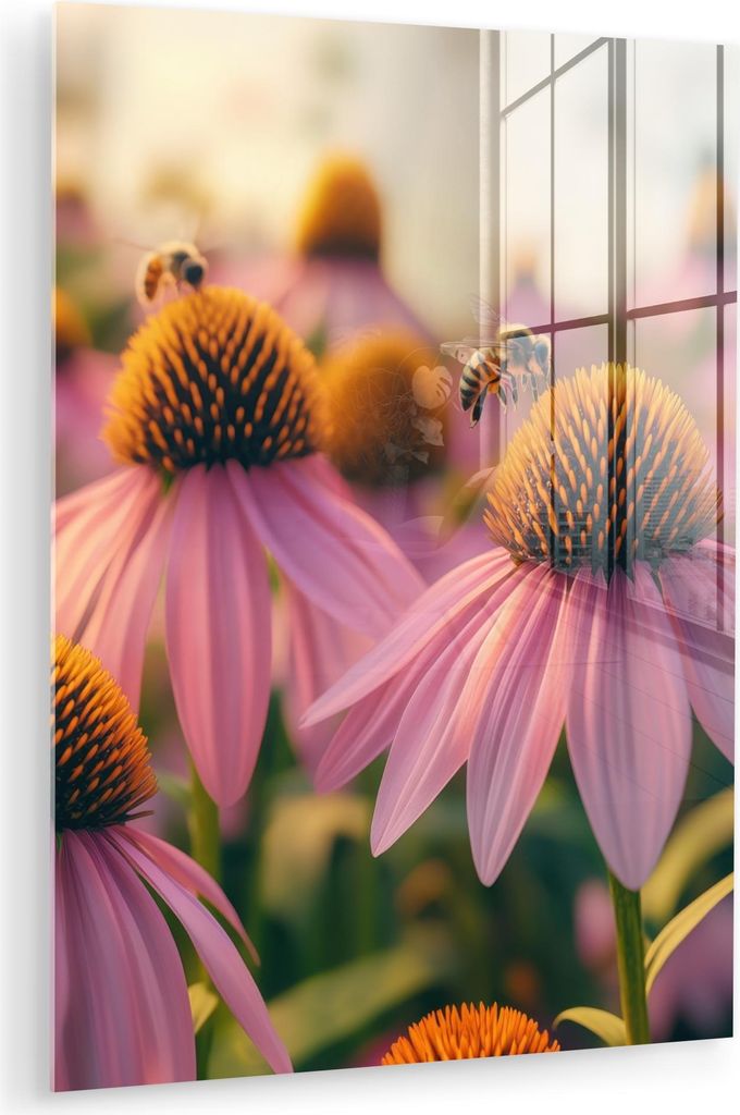 MuchoWow Glasbilder - Bilder auf Wandbild - Foto auf Glas Blumen - Lila - Bienen 30x40 cm Wanddekoration aus Glas - Acrylglasbild - Acrylbilder - W...