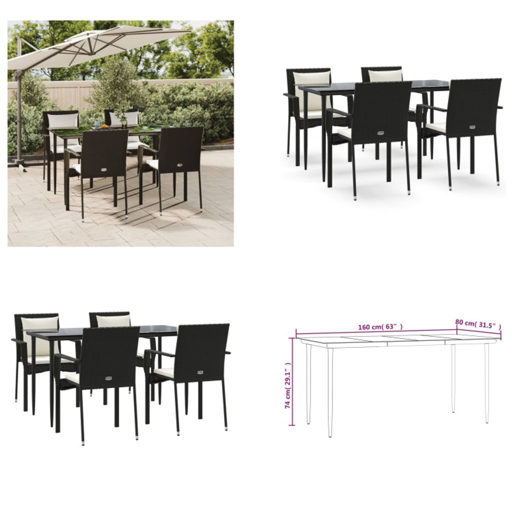 vidaXL 5 tlg. Garten Essgruppe mit Kissen Schwarz Poly Rattan - Garten Essgruppe - Garten Essgruppen - Essgruppe - Essgruppe Terrasse