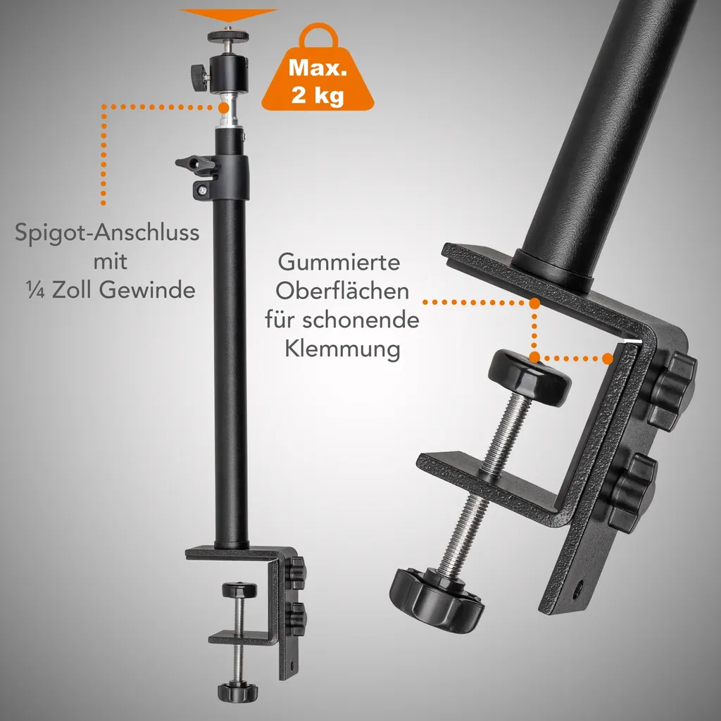 Walimex pro Treppiede per lampada da tavolo regolabile in altezza da 35 a 65 cm, treppiede da tavolo con testa a sfera per rotazione di 360° e inclinazione di 90°, treppiede con attacco a morsetto per illuminazione da studio e telecamera - 10