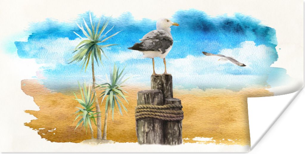 MuchoWow Poster Vogel - Seil - Baum - Strand 80x40 cm - Wanddeko