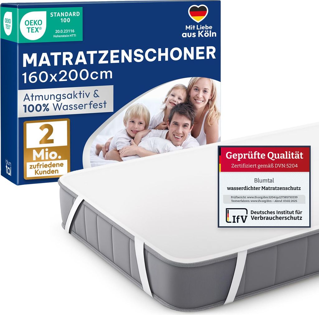 Product packaging and a mattress protector on a mattress.