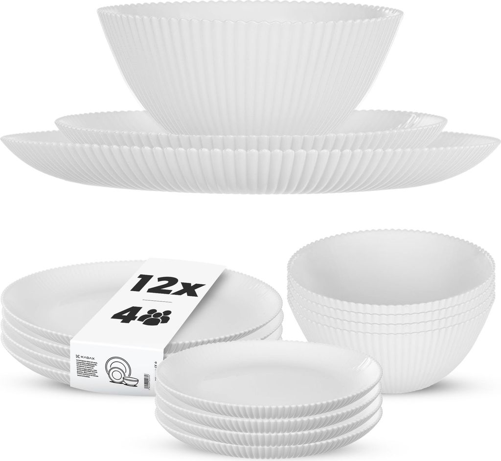 KADAX Geschirrset für 4 Personen, 12-teilig, weiße Tafelservice aus Opalglas mit Suppenschalen, Speisetellern & Desserttellern, Spülmaschinenfes...