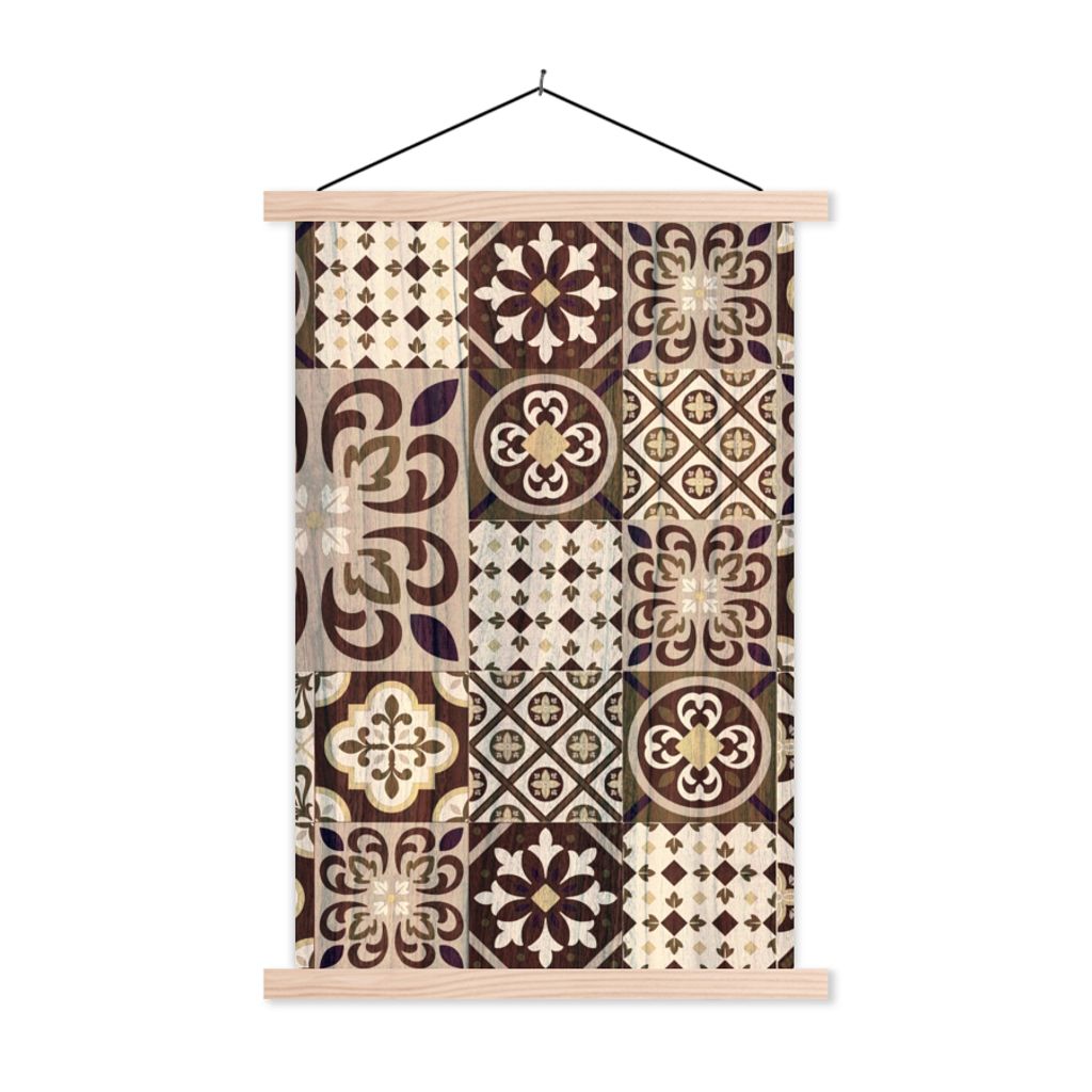 MuchoWow Textilposter Retro - Muster - Braun - Abstrakt 60x90 cm mit holzfarbenen Rahmen - Textil