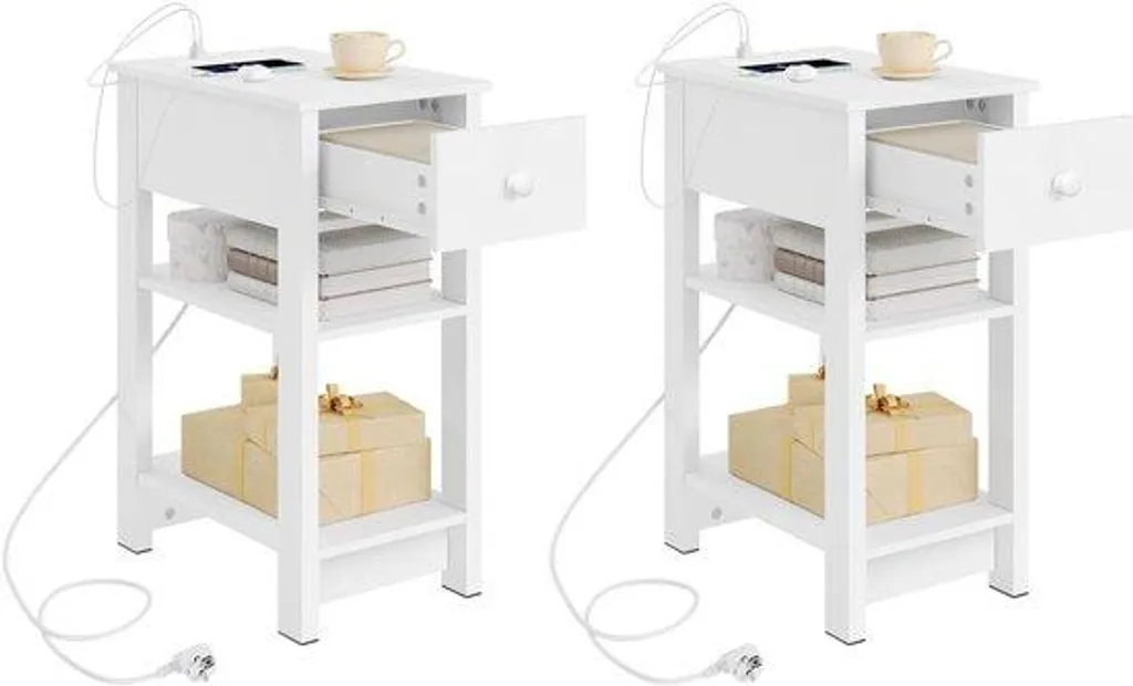 Table de chevet étroite blanche avec station de charge USB moderne L30