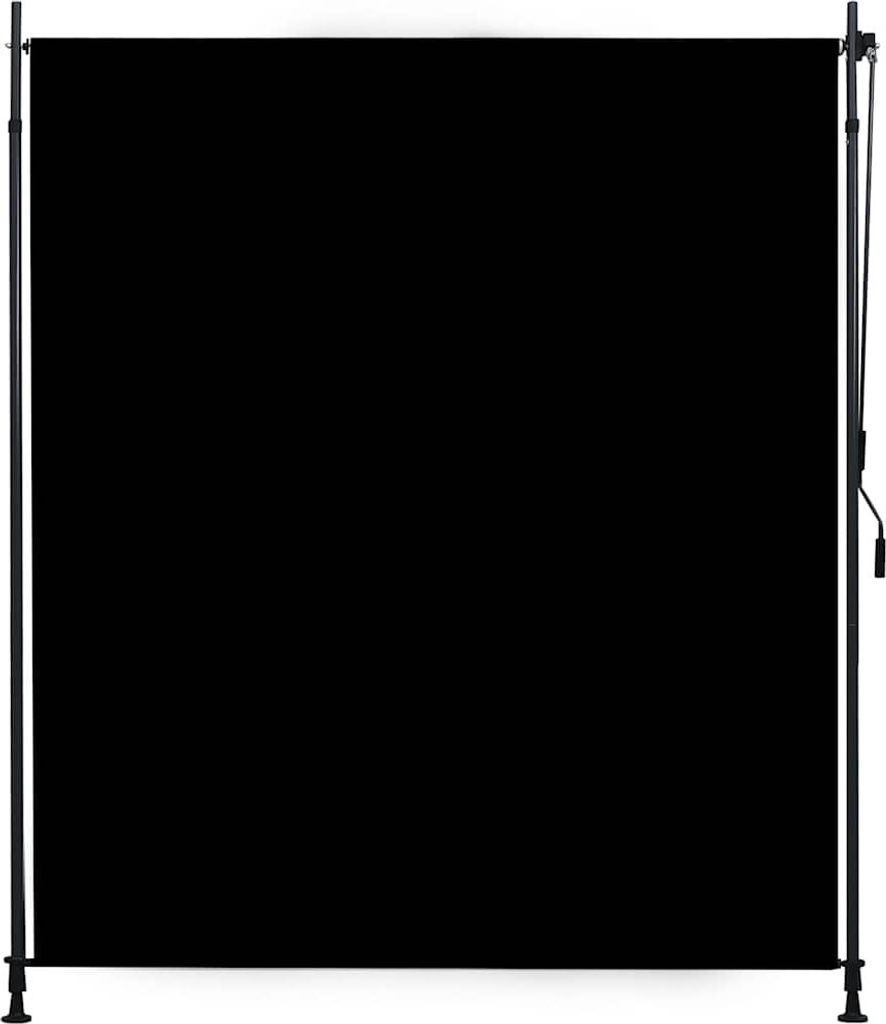 A black outdoor roller blind is shown mounted on a frame, likely for demonstration or sale.