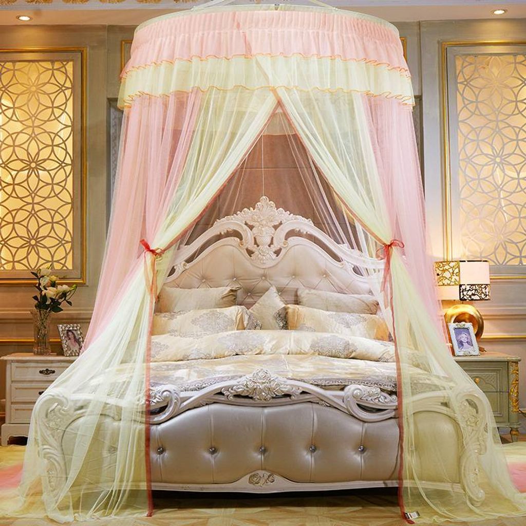 Deckenmontiertes Betthimmel Moskitonetz Doppelbett e Installation Home Dome Faltbares Bettdach mit Haken, Rosa&Gelb