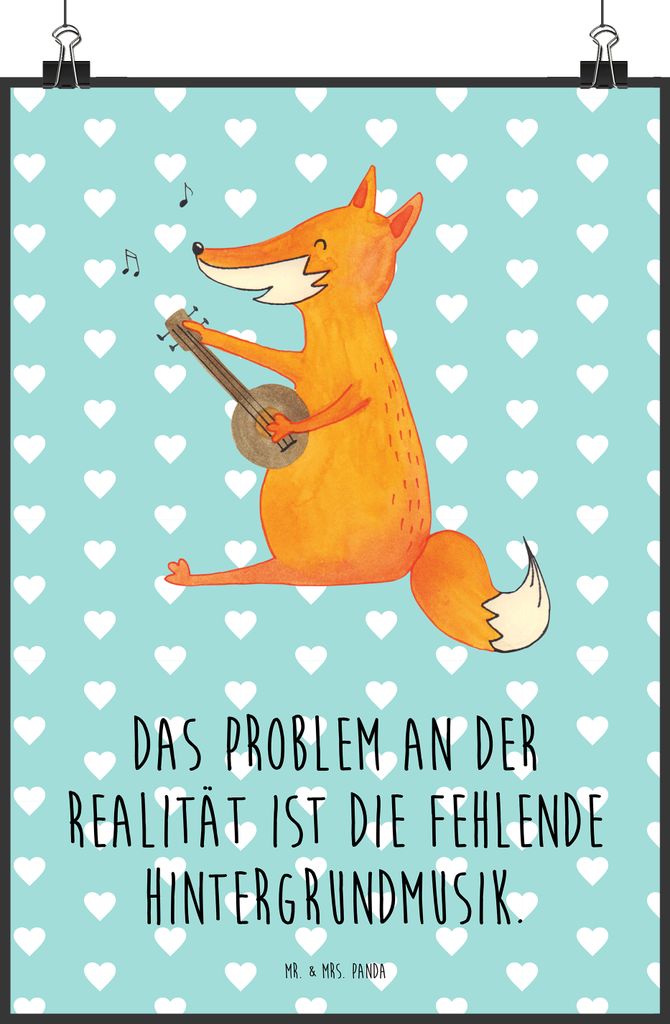 Mr. & Mrs. Panda Bild Fuchs Gitarre DIN A1 - Türkis Pastell - Geschenk, glücklich, Optimistisch, Plakat, Wandbild, wanddeko, drucke, Singen, kuns...