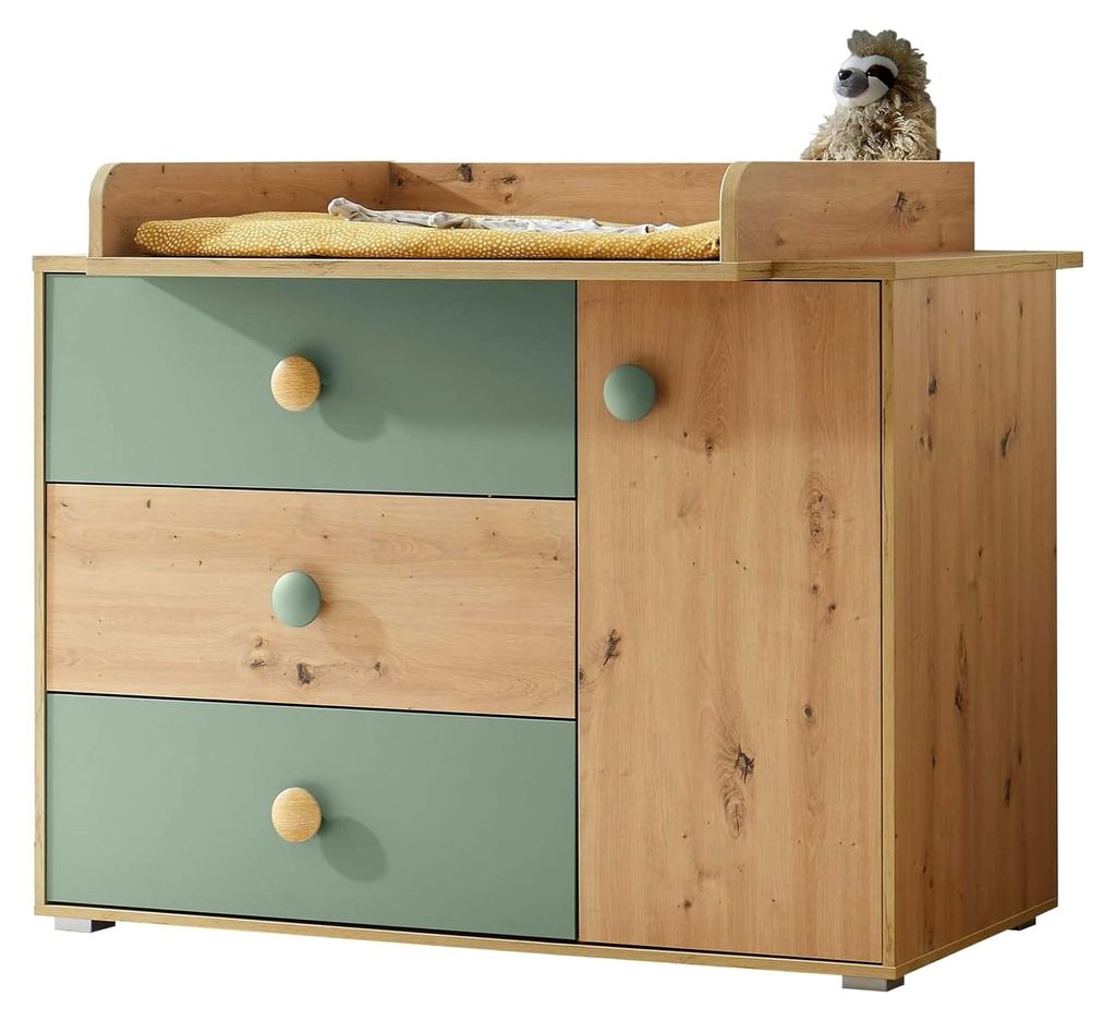 Wickelkommode >Birta< Artisan Eiche Nachbildung / Salbei, Wickelkommode mit Wickelaufsatz, 3 Schubladen & 1 Tür – 120x99,3x77,6 cm, Dekorfolie, ...