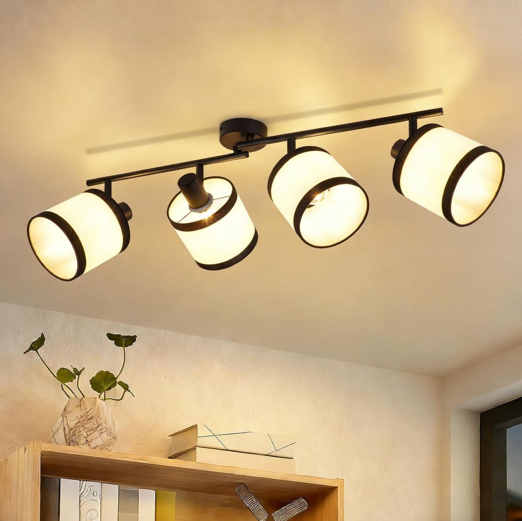 ZMH Deckenstrahler 4 Flammig Stoff Deckenspot LED Deckenleuchten E14 Retro Design Spotlight Schwenkbar 350° für Schlafzimmer Wohnzimmer Schwarz