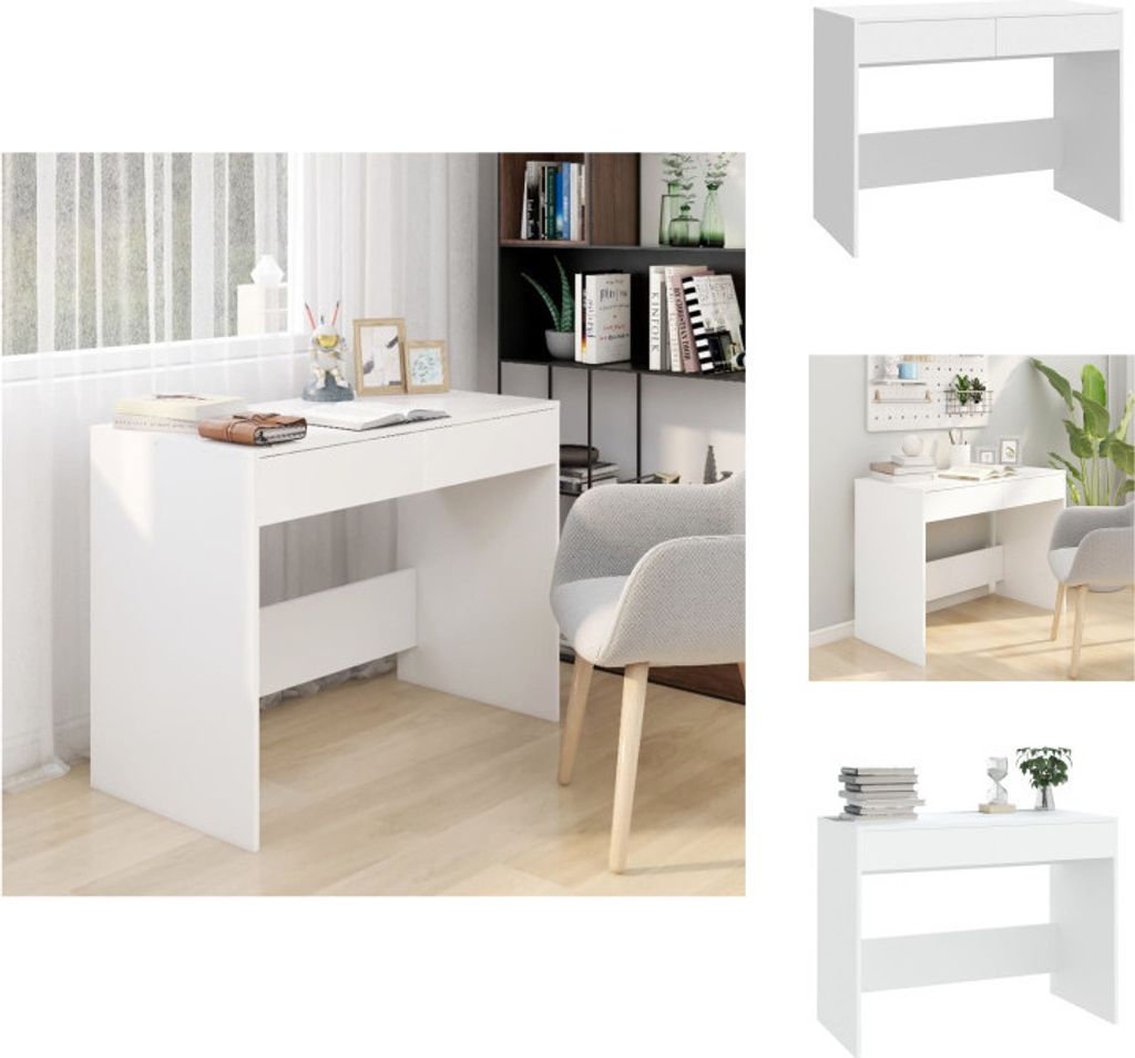 A collage of images showing a white desk from different angles and in different settings.