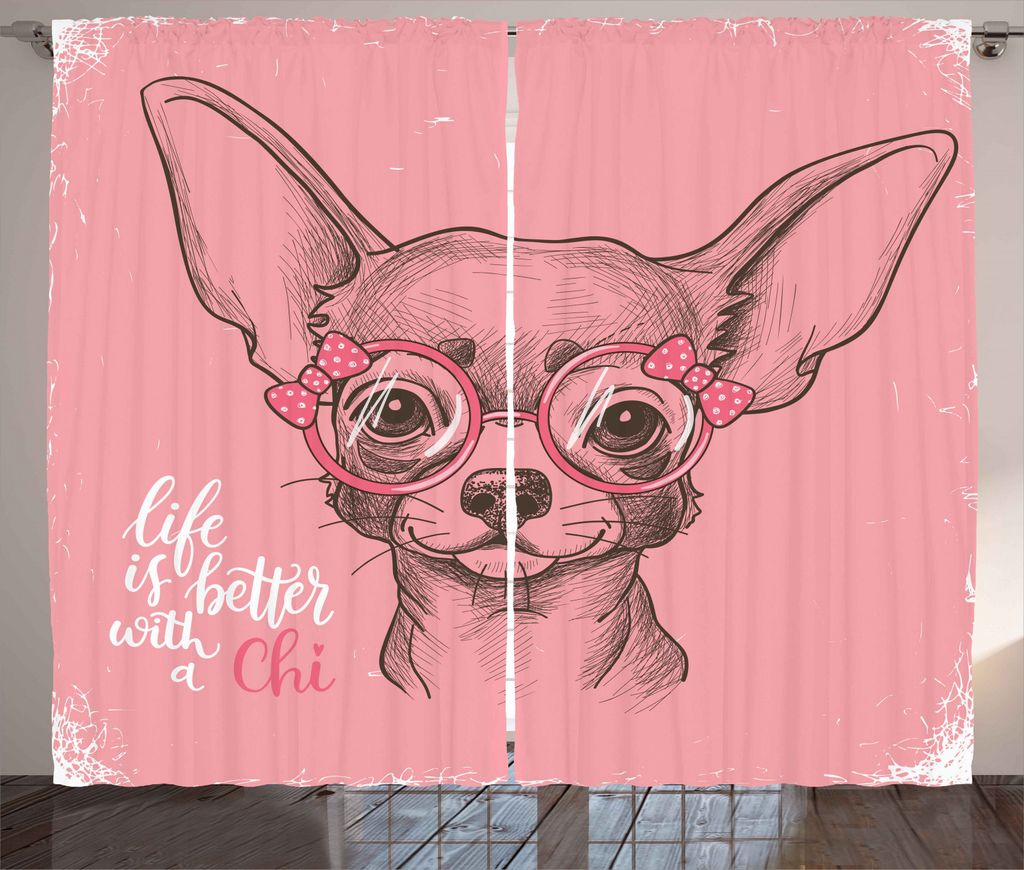 ABAKUHAUS Hund Rustikaler Gardine, Mädchen Chihuahua Sketch Wörter, Schlafzimmer Kräuselband Vorhang mit Schlaufen und Haken, 280 x 245 cm, Arme...
