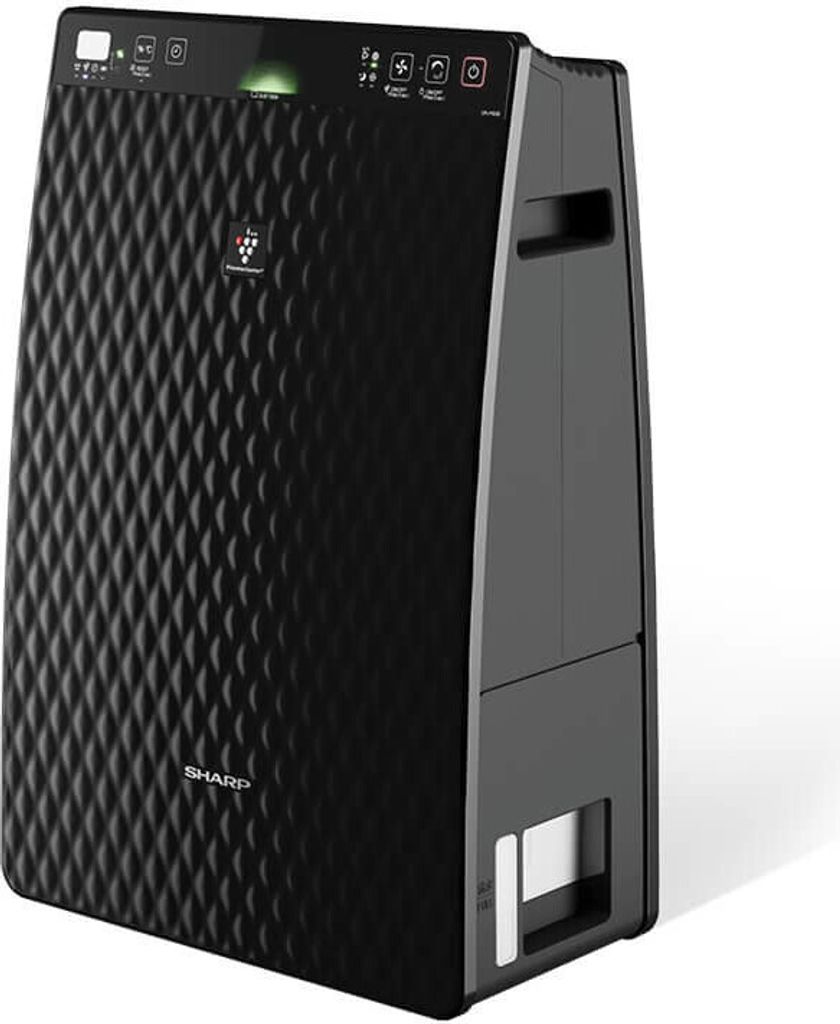 A black Sharp air purifier is shown from a three-quarter angle against a light gray background.