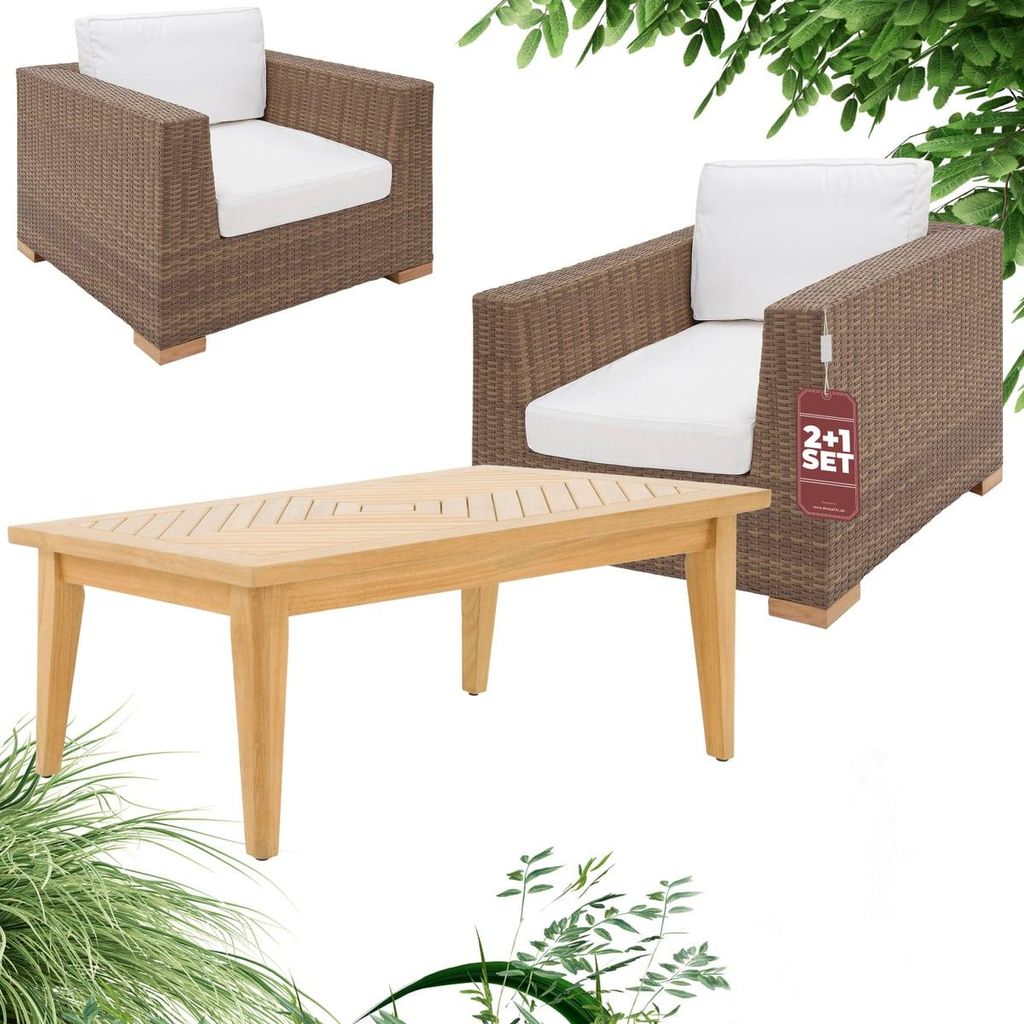 GARLAND Gartenmöbel Set Havanna 3tlg Lounge Polyrattan Teak Holz Beistelltisch Wetterfest Sitzkissen Balkonmöbel Tisch Terrasse Garten Sessel B...