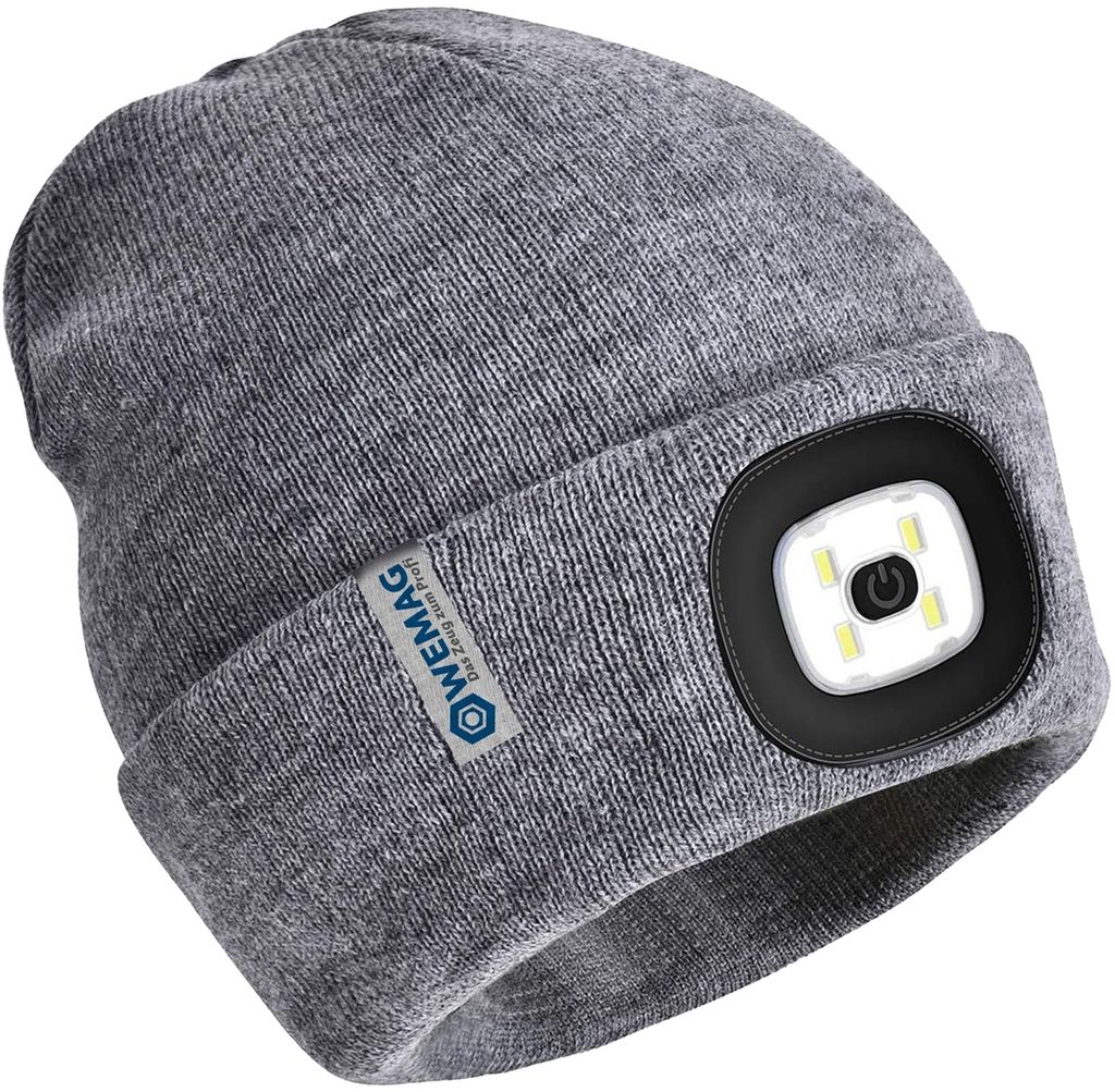Strickmütze mit 2 wiederaufladbaren LED vorne u. hinten , Fb, grau, Größe:Onesize, Ausführung:mit wieder aufladbaren LED, Farbe:grau