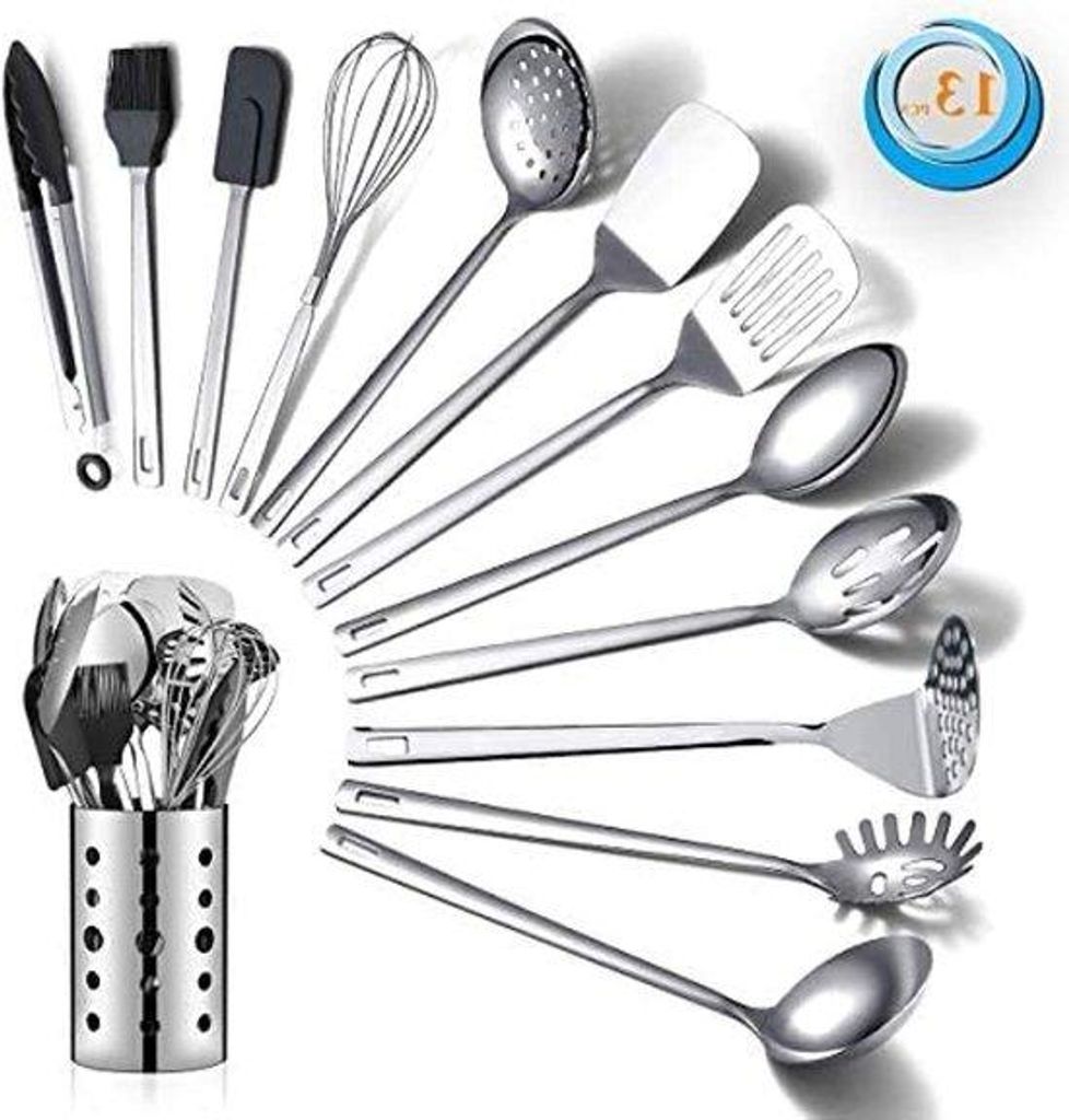 13-teiliges RVS Kochgeschirr-Set mit Pfannenwischer, Antihaft, Hitzebeständig und Geschirrspülerbeständig, inkl. Kochgeschirrhalter