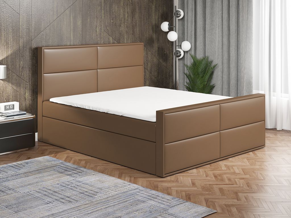 Boxspringbett HILD 140 x 200 mit 2 Bettkästen, Bonell-Matratze und Topper. Farbe: Braun