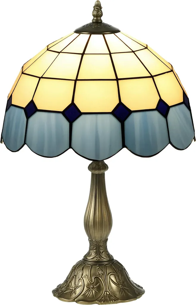 Luminaire Tiffany artisanal bleu en véritable vitrail avec socle stable