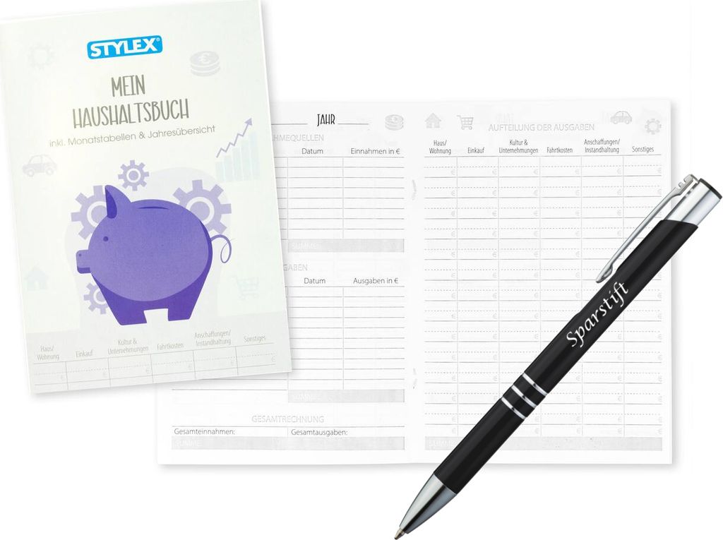 Haushaltsbuch + Metallkugelschreiber mit Gravur "Sparstift" / 40 Blatt / DIN A5