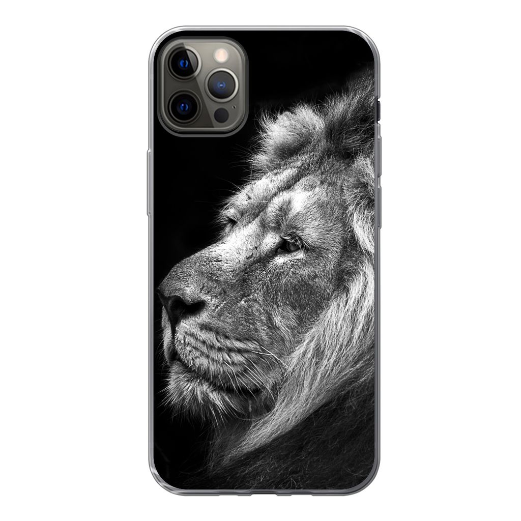 MuchoWow Handyhülle Schutzhülle Hülle für iPhone 13 Pro Max Löwe vor schwarzem Hintergrund in schwarz und weiß Silikon Softcase Handy Hüll...