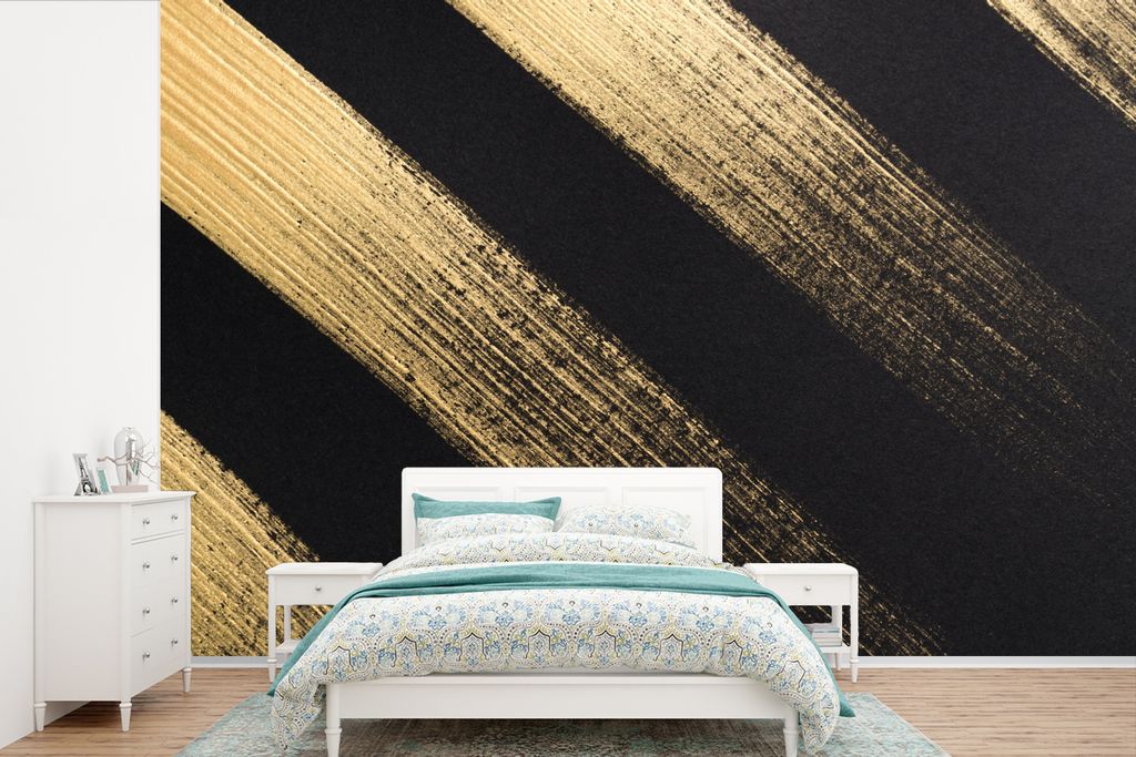 MuchoWow Fototapete für Wohnzimmer oder Schlafzimmer Wandtapete Vinyl Motivtapete Goldene Farbstreifen auf schwarzem Hintergrund - 330x220 cm - ...